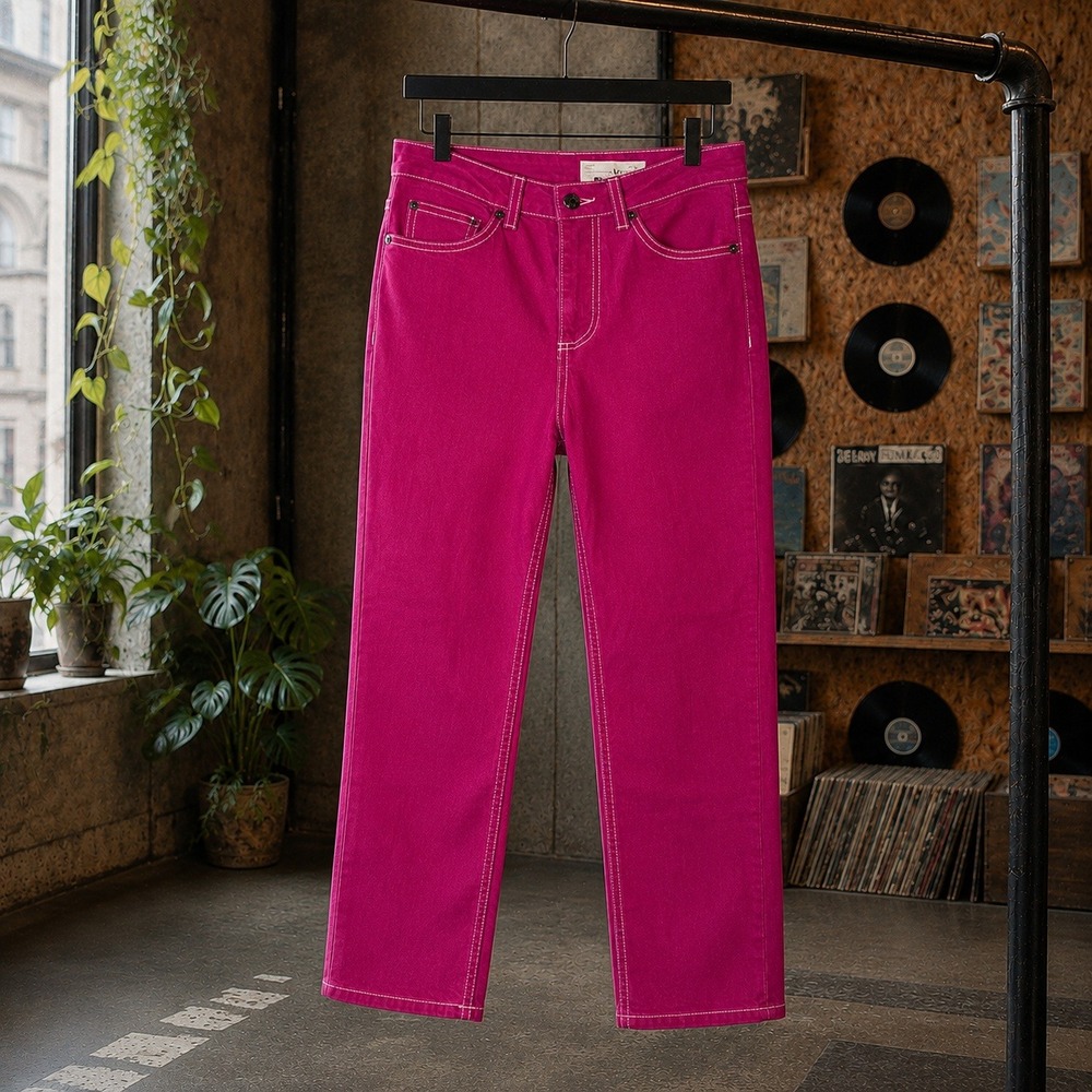 Topshop MOTO Pink Contrast Stitch High Waisted Straight Leg Jeans W25 L30‎